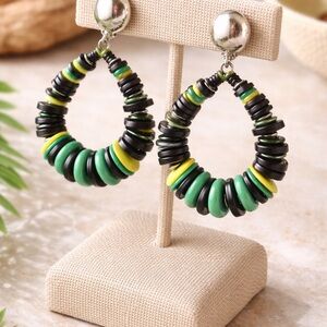 Vintage Boho Disc Bead Clip-On Earrings Green Black Yellow Statement
